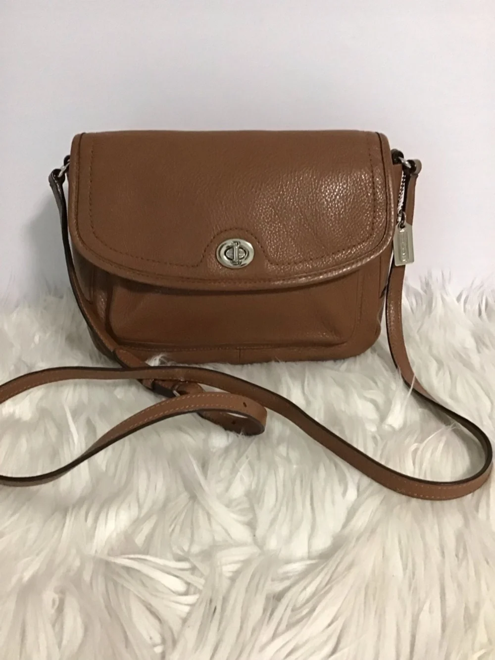 COACH Leather Flap Crossbody Bag Brown Pebble Leather Silver Hardware EUC